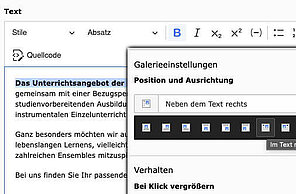 Screenshot der Typo3-Galerieeinstellung, mit der die Position von Bildern im Text eingestellt wird.