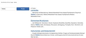 Screenshot der Ergebnisseite einer Suche innerhalb einer Musikschulwebseite