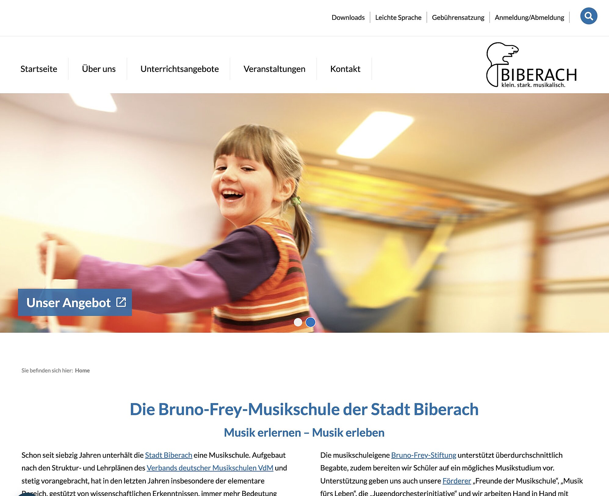 Screenshot und Link zur Webseite Musikschule Biberach