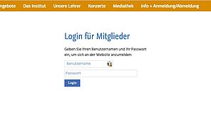 Screenshot der Login-Seite zum internen Bereich einer Musikschul-Webseite
