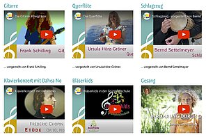 Screenshot einer Musikschul-Webseite mit rasterartig angeordneten Video-Vorschauen