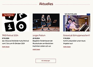Screenshot der Darstellung aktueller Nachrichten auf einer Musikschul-Webseite