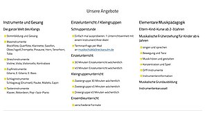 Screenshot einer Musikschulwebseite mit 3-spaltigem Text