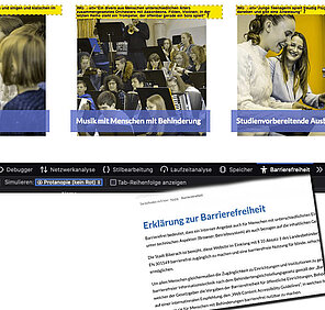 Bildmontage: Fotos auf einer Musikschulwebseite mit eingeblendeten alt-Texten, davor ein Ausschnitt der Textseite "Erklärung zur Barrierefreiheit"